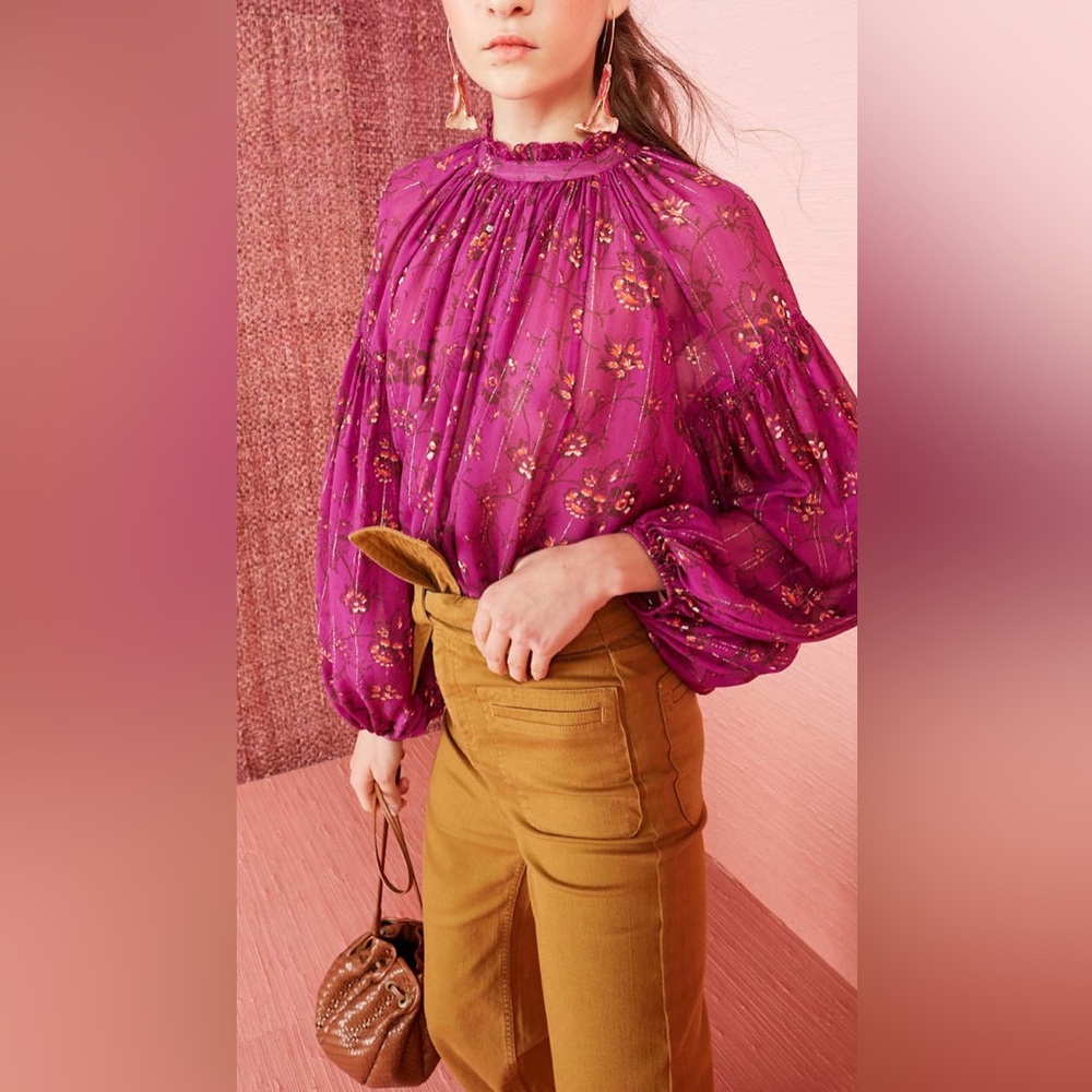 Ulla Johnson Arnoux Blouse Magenta Floral Print Silk Size 6 Metallic Boho Flowy